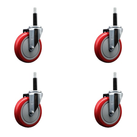 Service Caster 5'' Red Poly Wheel Swivel 3/4'' Expanding Stem Caster Set, 4PK SCC-EX20S514-PPUB-RED-34-4